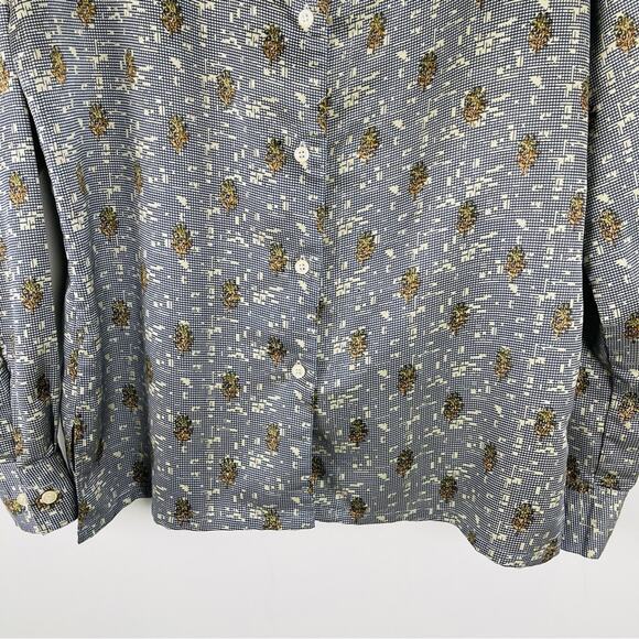 Vintage blue tan floral cottagecore checked satin button front shirt top medium - Picture 3 of 6